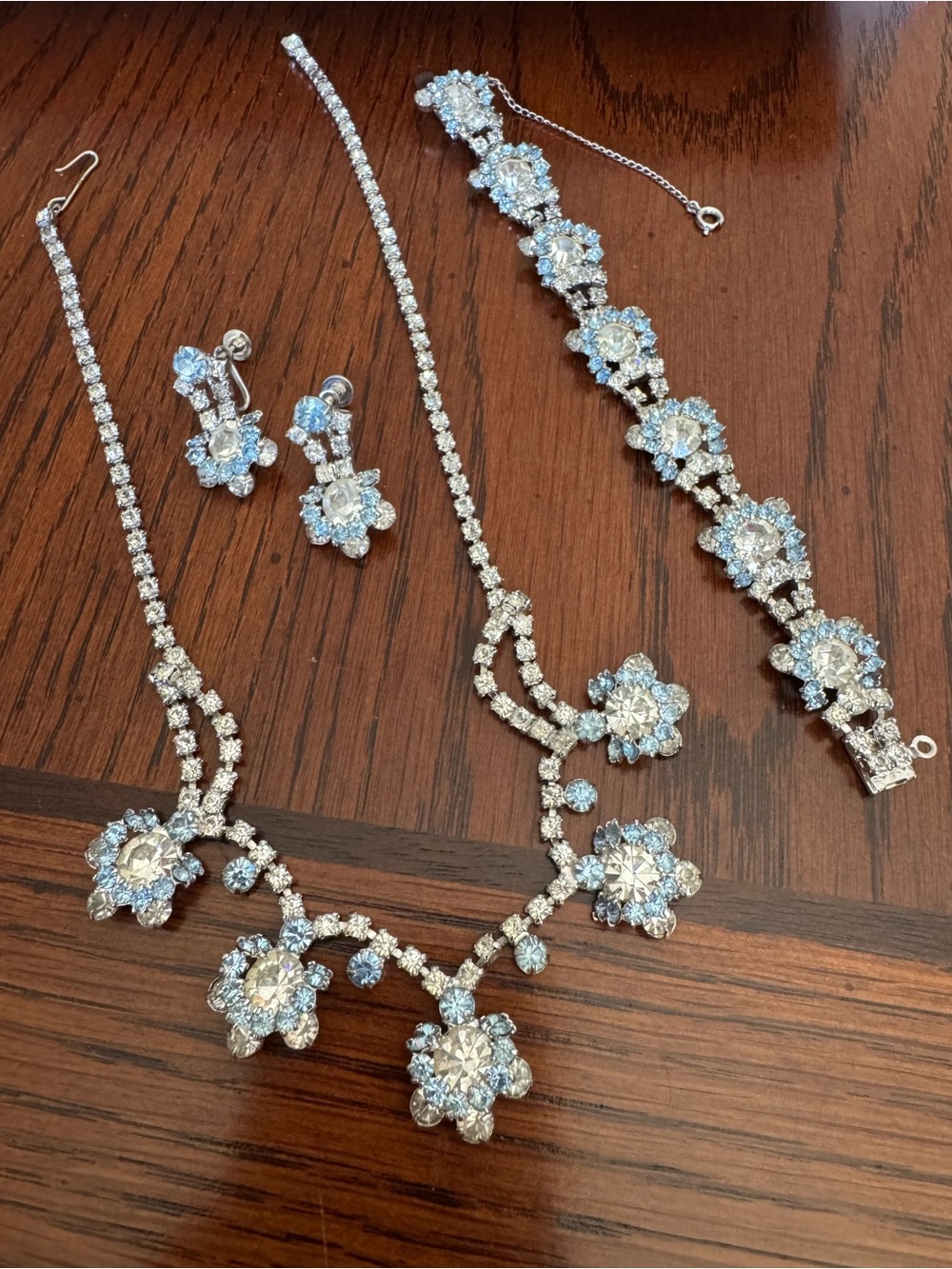 Vintage Art Deco Rhinestone Necklace Earring & Bracelet Set Blue Floral Flowers